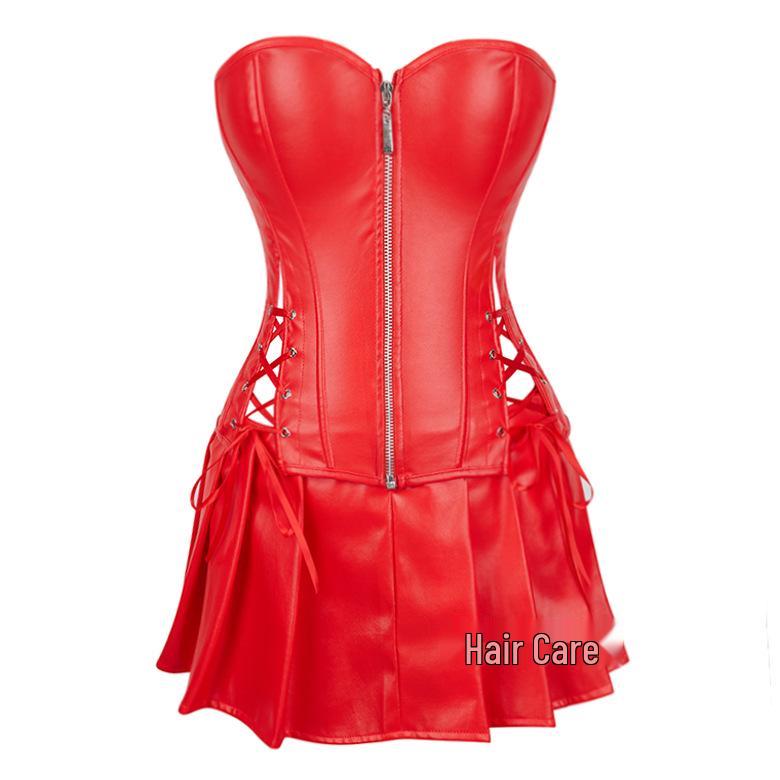 European & American Leather Style Zipper Bodysuit with Sexy Corset Mini Skirt and Waist Cincher Court Dress