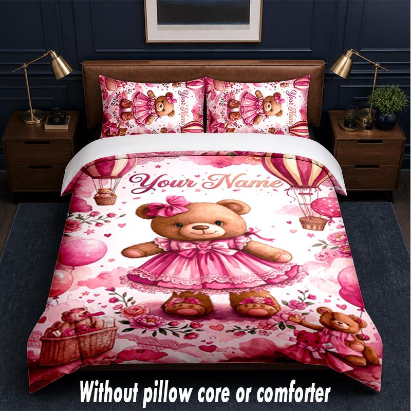 Teddy Bear Theme Custom Text Or Name 3Pcs Bedding Set,1 Flat Sheet & 2 Pillowcases Personalized Home Bedding
