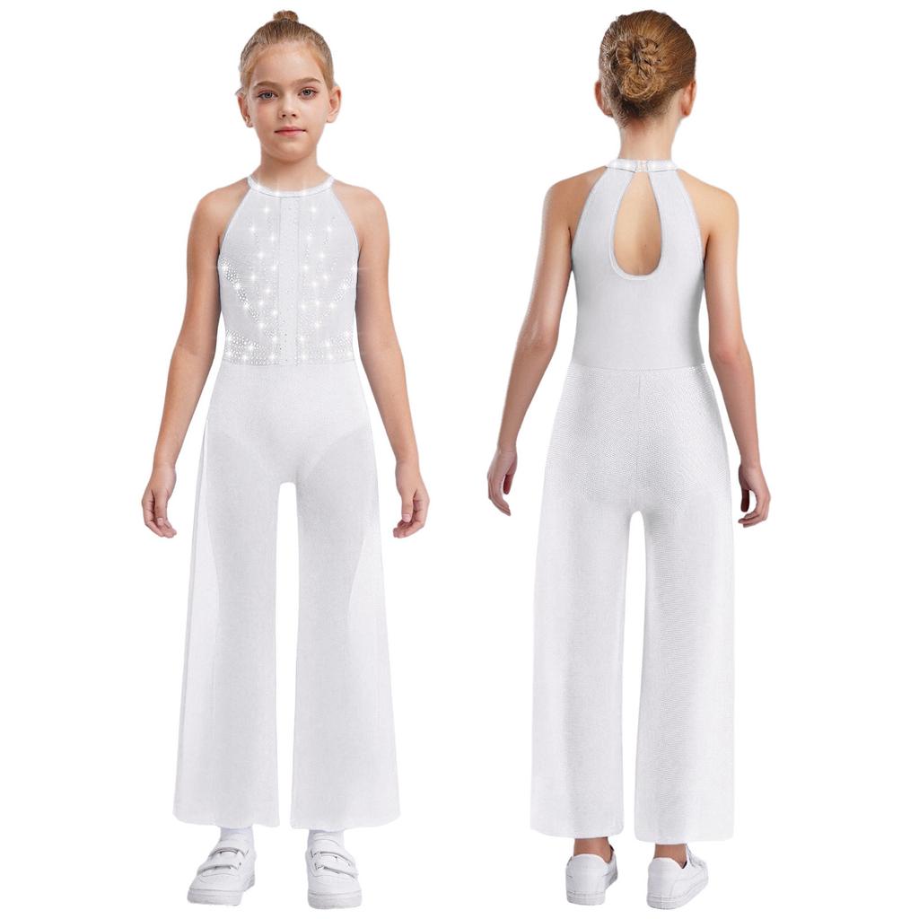 Girls Rhinestone Dance Bodysuit - Shimmery Sleeveless Jumpsuit with Keyhole Back & Side Splits, Built-in Briefs for Performances