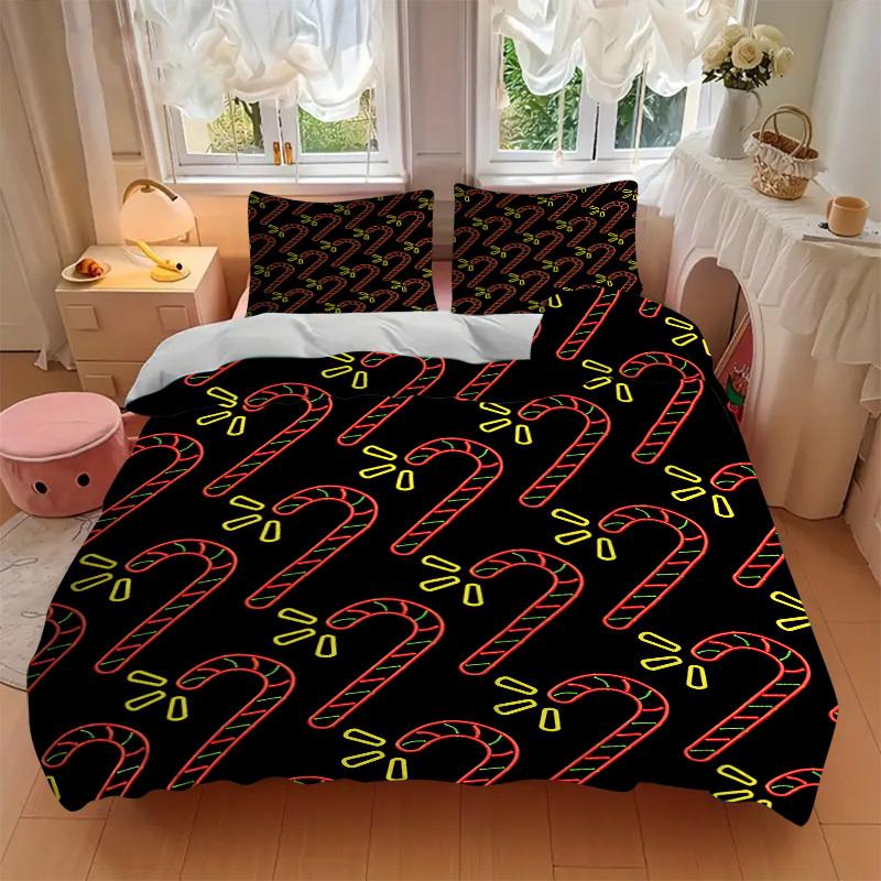 3Pcs Candy Cane Pattern Printed Bedding Set, Breathable And Soft, Machine Washable, Christmas Gift, Suitable for Bedroom Decoration, 15142