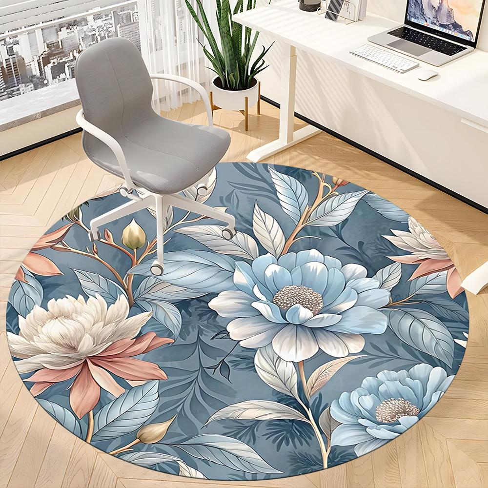 1PCFloral Pattern Office Round Area Rug,  Mat Suitable For Office, Under Office Chairs Bedroom Living Room Home Decor, Room Deco