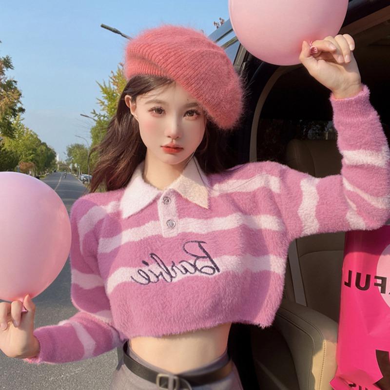 

Женский полосатый свитер из норки с отложным воротником, пуловер с длинными рукавами, осенне-зимние топы One Size