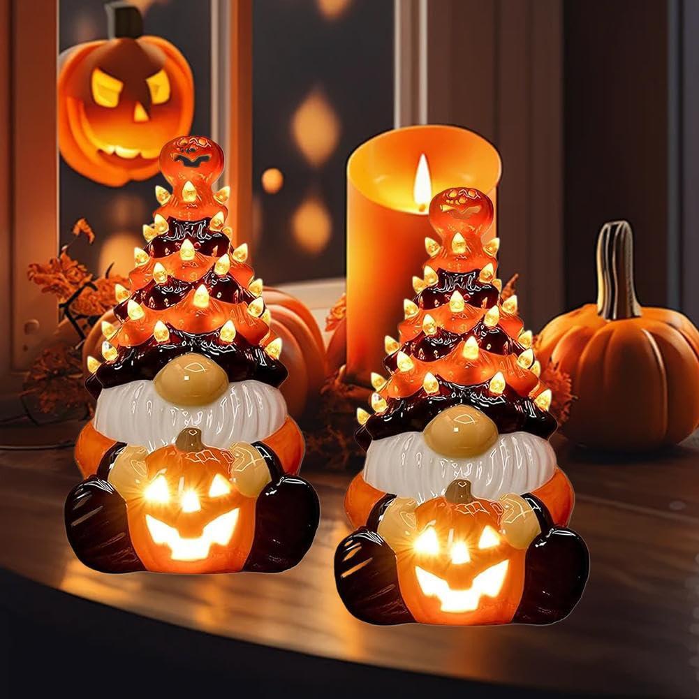 LED Glowing Halloween Gnome Statue Multi-Purpose Vintage Halloween Figurines Gnome Pumpkin Lantern Ornaments for Home Decor