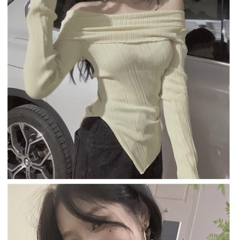 2024 French One-Shoulder Slit Knit Sweater: Women's Spring Irregular Slim-Fit Long Sleeve Top