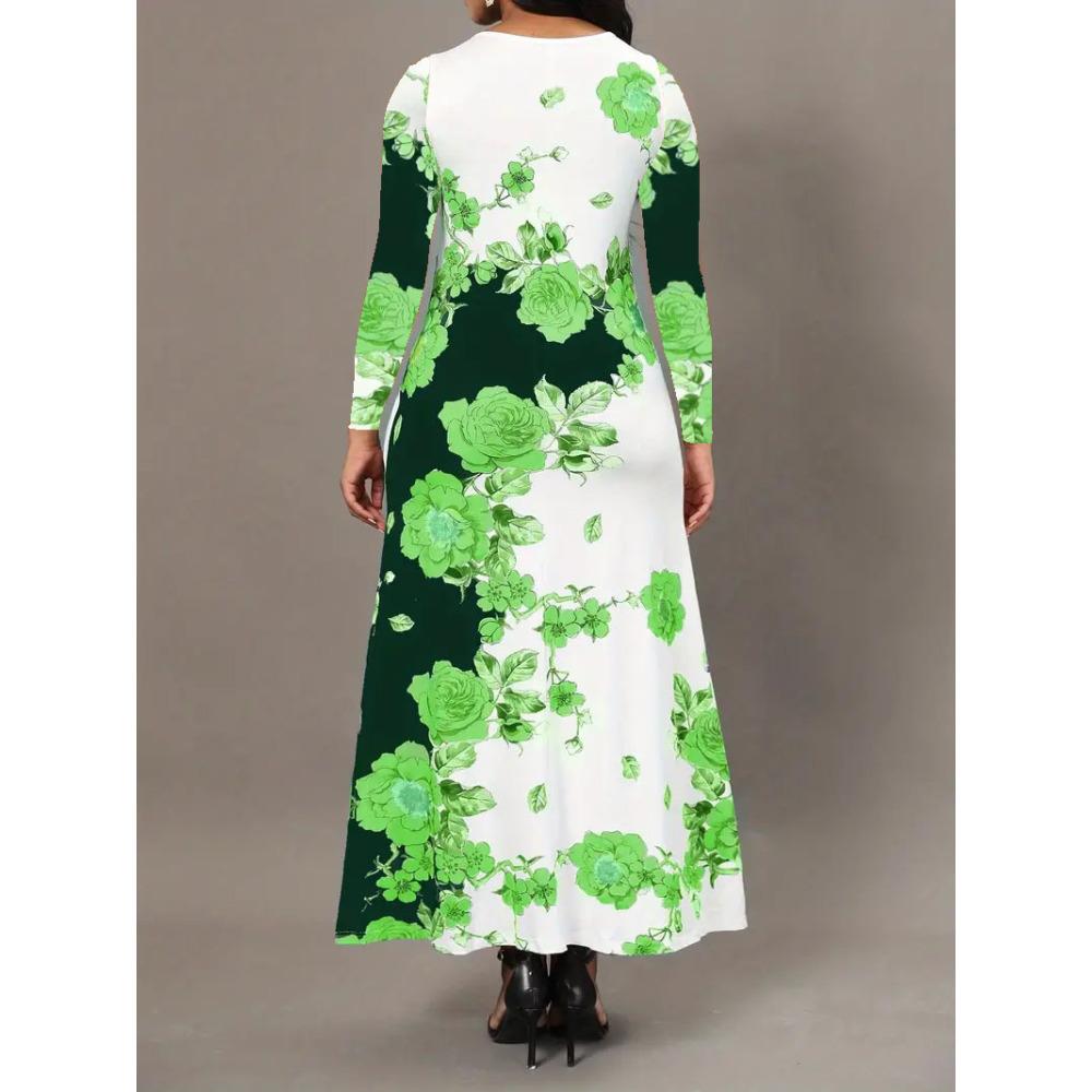 Women's Long Sleeve Round Neck Printed Pocket Long Elegant Dress
