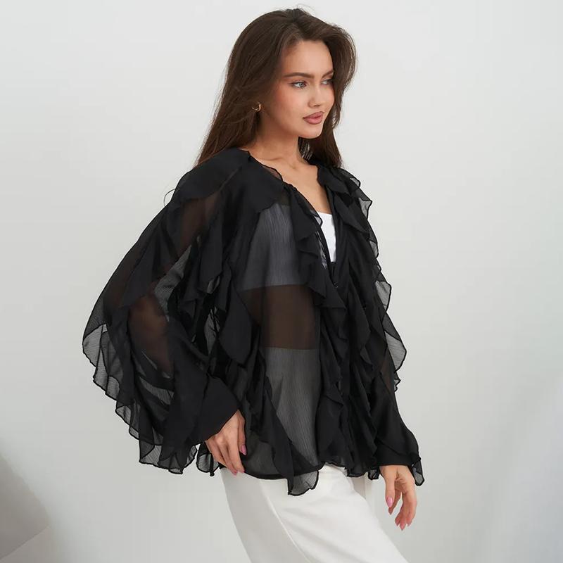 Chiffon Ruffled V-Neck Shirts Top Women Blouse Tee 2026 Summer Sheer Lace-Up High Waist Blouse Elegant Female Shirts Tops