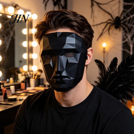 Unique Halloween Costume Mask Geometric Mask, Polygonal Cool Party with Mesh Eyes, Face Black White Cosplay for Masquerade, Accessory Stylish Angular