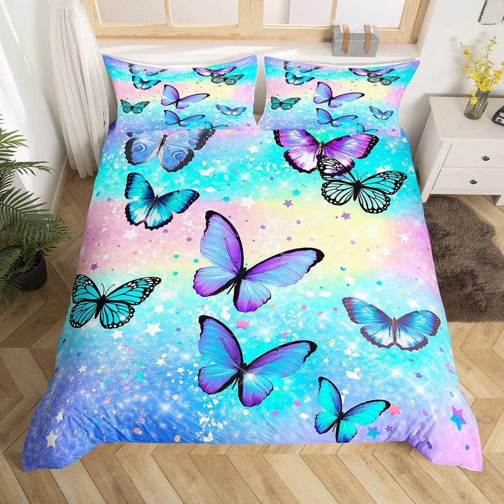 Schmetterling Bettwäsche Set Blau Schmetterlinge Bettwäsche Set Mädchen Fliegender Schmetterling Bettdecke Bezug Tier Steppdeckenbezug mit 2 Kissenbezügen