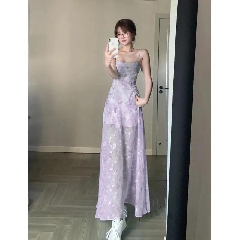 French Seaside Floral Spaghetti Strap Dress: Elegant Slimming Waist-Cinched Summer Maxi XL фиолетовый