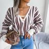Chic Women Loose Knitted Sweater Winter Fall All Match Tops Balloon Sleeve Contrast Stripe Tie