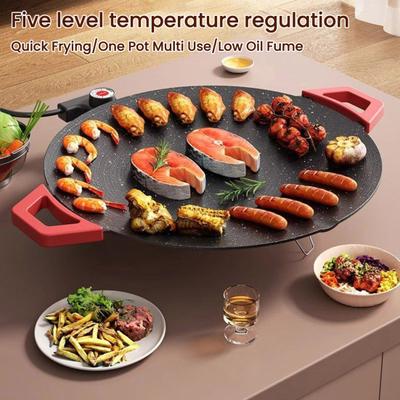 Electric Griddle Nonstick Round Plate Smokeless Indoor Electric Grill Fast-Heating Tabletop Grill for BBQ Steaks Pancakes Burgers