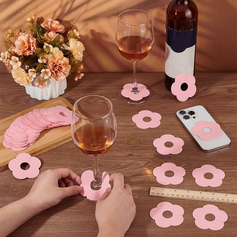 FINGERINSPIRE 150 Pcs Drink Name Tags for Wine Glasses Flower/Round Shape Pink Paper Wine Glass Marker Blank Wine Glass Charm Cocktail Champagne Tag