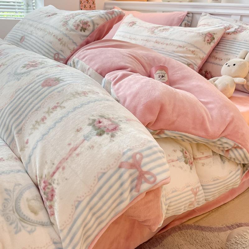 Thickened Milk Fleece Bed Four-Piece Coral Fleece Quilt Cover Double-Sided Flannel Fleece Bed Sheet Three-Piece Set