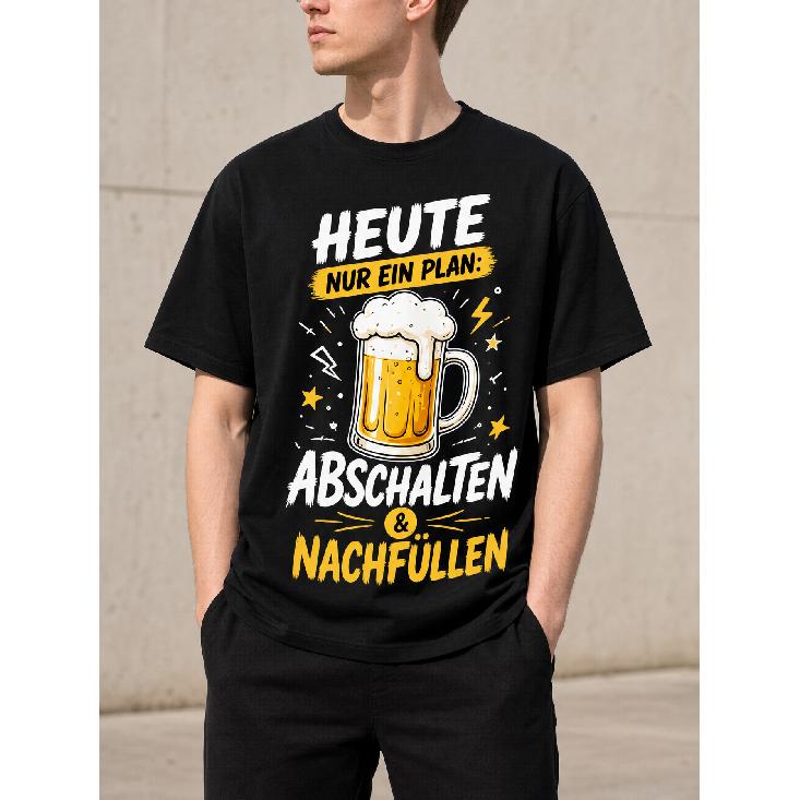 Men's Black Short Sleeve Crew Neck T-Shirt with German Beer Graphic Print, Soft Cotton Blend, Relaxed Fit for Casual Wear or Party Outfits