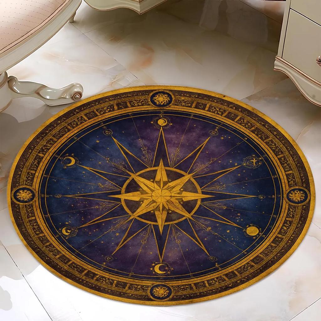 Zodiac Rug Gold Sun, Navy Star Chart, Cosmic Rug Living Room Decor Sofa Round Rug Bedroom Rug Lounge Coffee Table Floor Mat