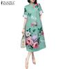 ZANZEA Women Casual Crew Neck 3/4 Sleeve Loose Floral Dress