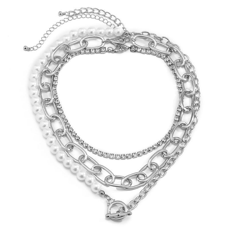 

Vintage Baroque Pearl Splicing Necklace Multi-layer Diamond Chain Collarbone Chain Temperament OT Buckle Necklace