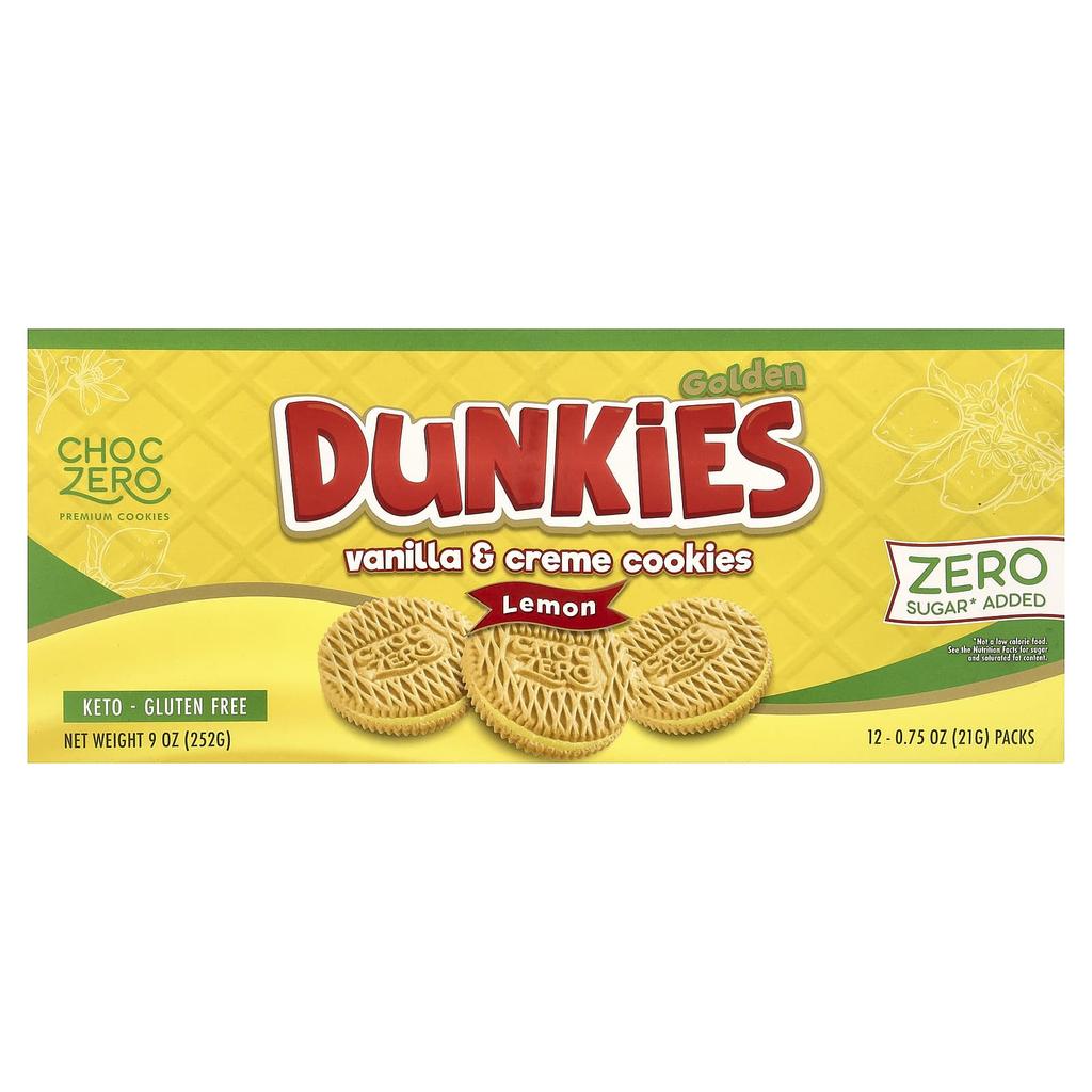 ChocZero, Premium Cookies, Golden Dunkies, Vanilla & Cream Cookies, Lemon, 12 Pack, 0.75 oz (21 g) Each