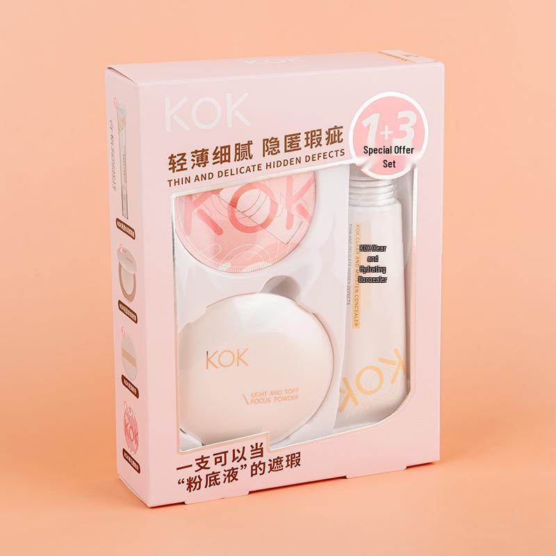 Zestaw baz pod makijaż KOK Radiant Long-Wear: Podkład, Korektor, Bronzer & Gąbeczka - Zestaw 4 sztuk.