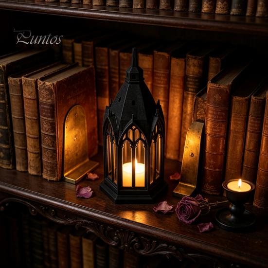 Veelzijdige Plankenstandbeeld Gotische Kathedraal LED Kaarslantaarn, Kerkvormige Vlamloze Theelichtlamp, Feestdecoratie Spookachtige Vintage Bureau Nachtlamp