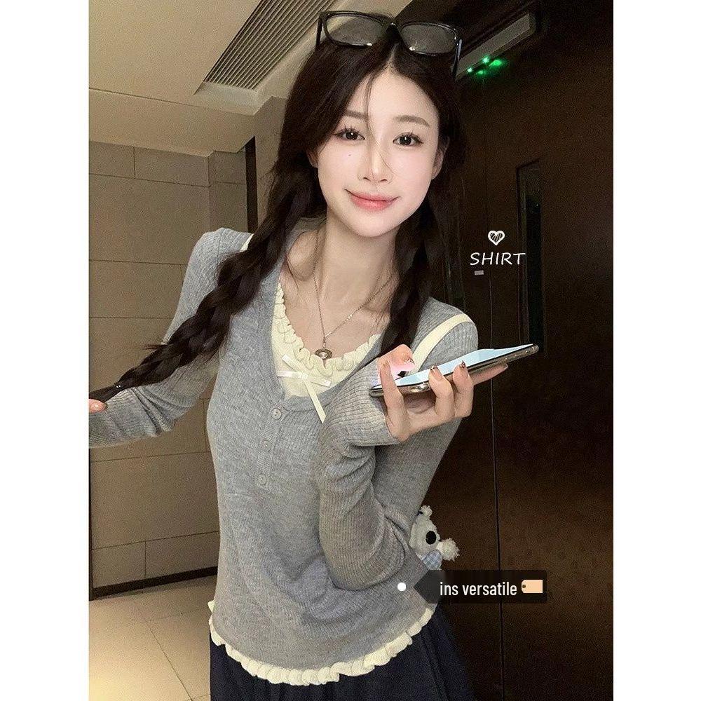 

Women s Autumn Frill-Spliced Bow Knit Top – Korean Design One Size