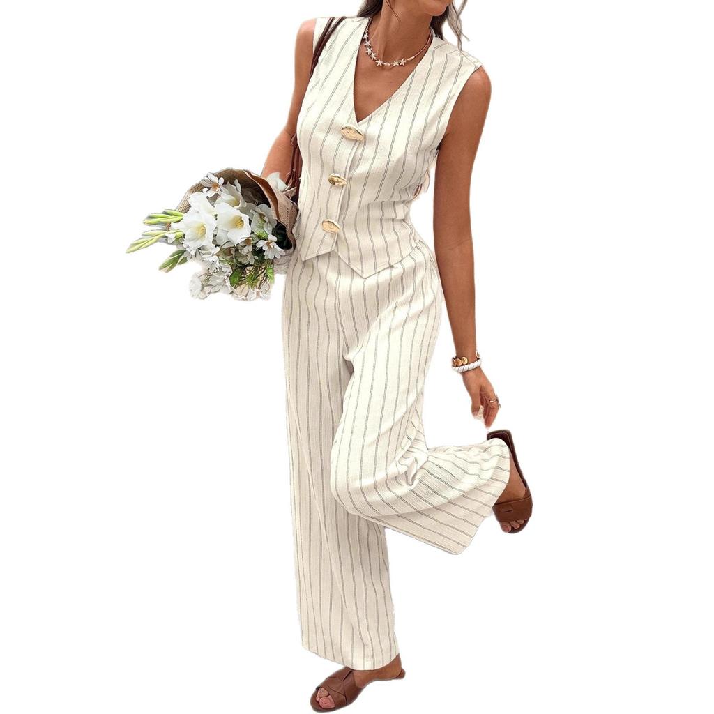 Light Color Stripe Sleeveless Vest and Wide Leg Pants Two Piece Set
