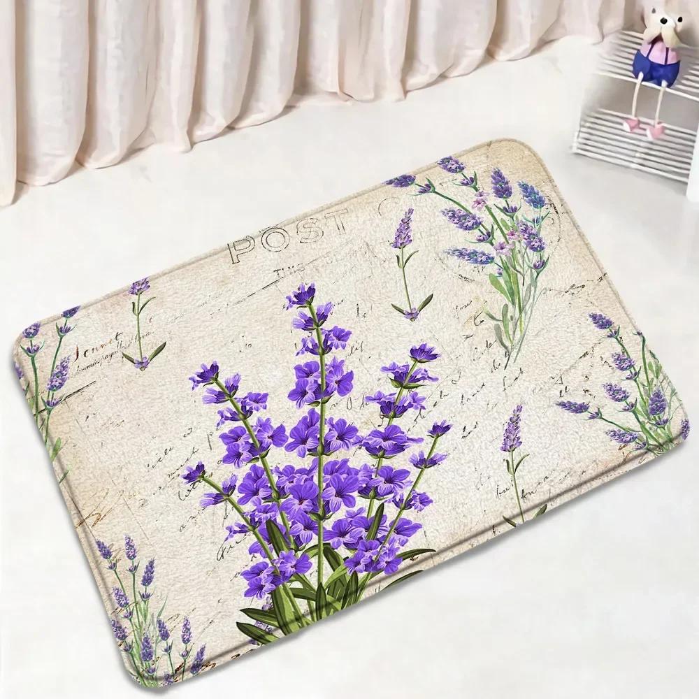 Purple Lavender Bath Mat Set Nature Flowers Plants Butterfly Modern Home Carpet Bathroom Decor Non-Slip Rugs Toilet Lid Cover