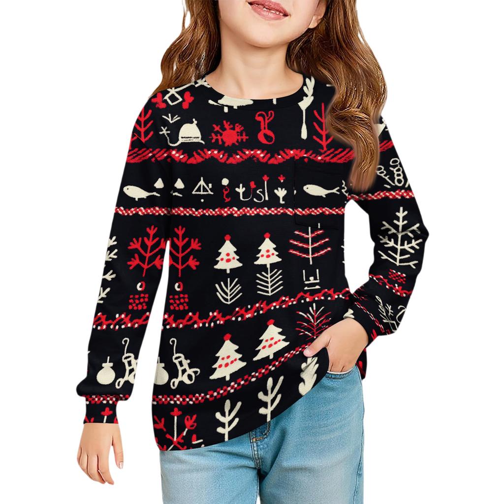Christmas Day Girls' Long Sleeve Blouse - Round Neck Soft Waist Tunic