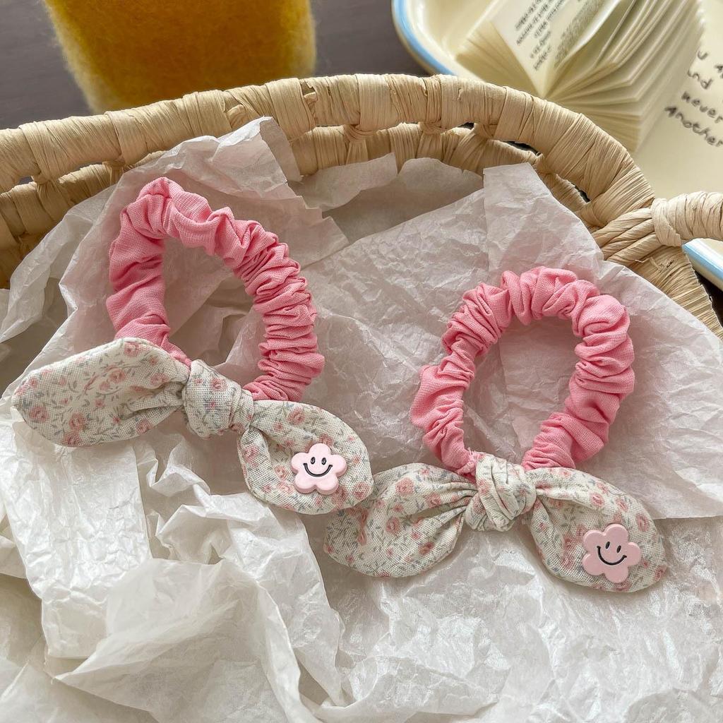 Korean Ditsy Floral Plaid Bunny Ear Hair Tie Headband for Kids - Sweet, Cute High Top Bun Accessory