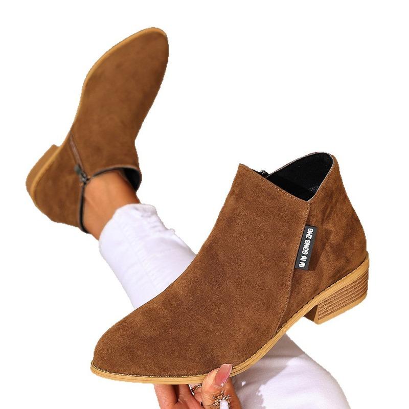 Women's Boots Autumn and Winter New Fashion Suede and Bare Boots Side Zipper Square Heel Short Boots