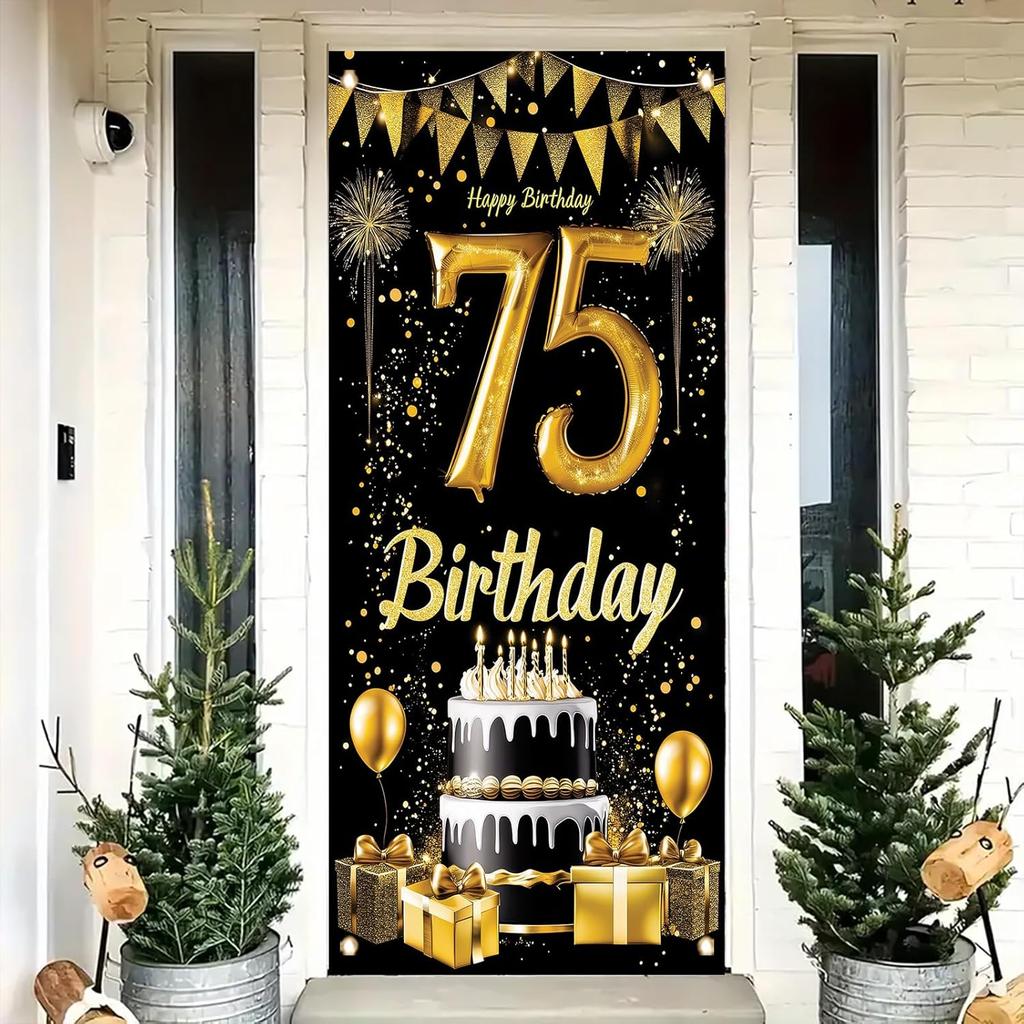 18th Birthday Door Cover Decoration 71 x 35 Inch Black and Gold Cake Banner with Balloons and Gifts for Eighteenth Birthday Party Supplies Happy 18