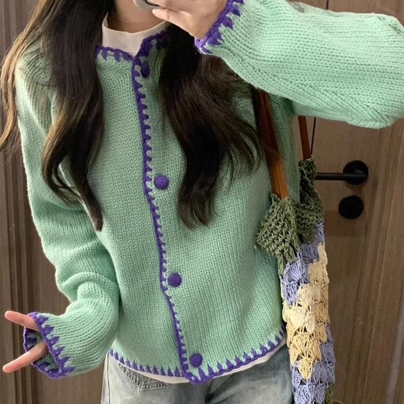 Korean Style Gentle Style Color Block Long Sleeve Knitted Sweater Women's Autumn Sweet Cardigan Top