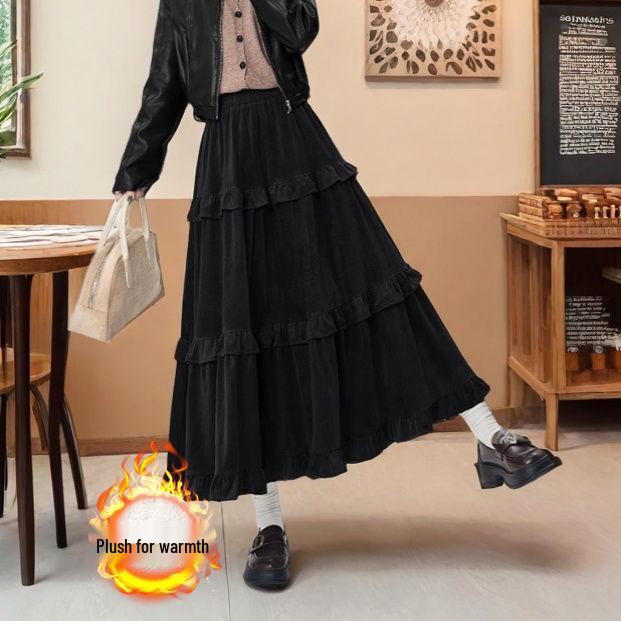 Women's 2026 A-Line Layered Velvet Umbrella Skirt with Elastic Waist - Mid-Length, In Stock