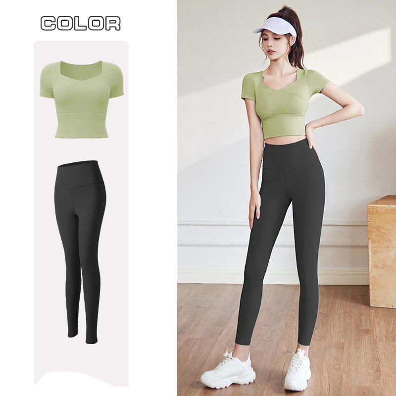 New Summer Sports Suit for Women Tight Quick Drying Short Sleeve Top with Underwire Support Full Length Yoga Pants Fitness Training Sets Famale
