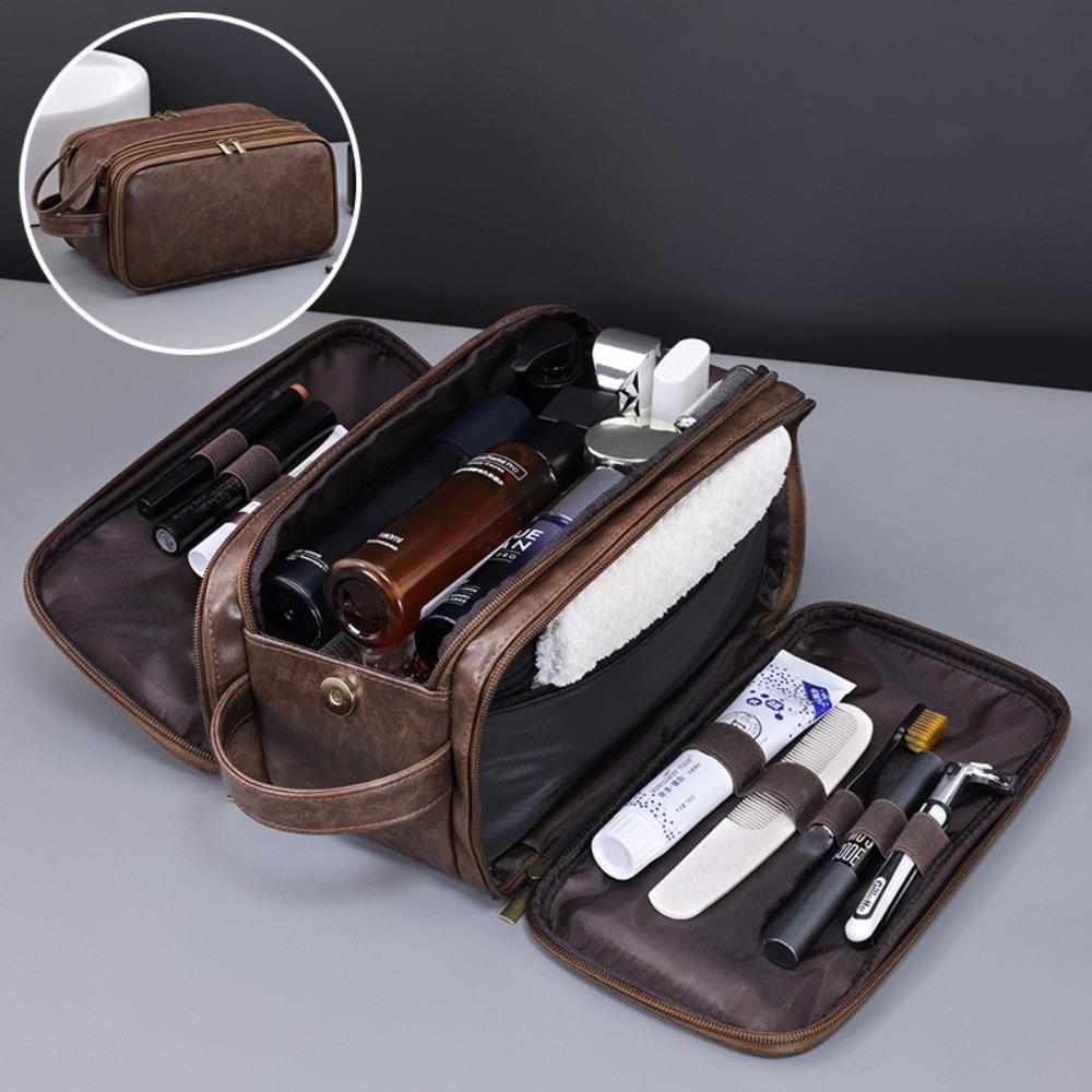 

Portable Multi Pockets PU Toiletry Bag Large Capacity Waterproof Washing Organizer Bag PU Leather Hanging Bag Travel кавовий