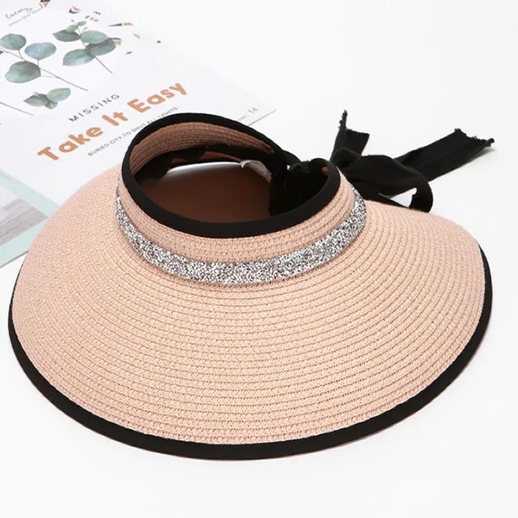 Foldable Empty Top Straw Hats For Women Summer White Imitation Pearl Beach Visor Caps UV Protction Adjustable Ribbon Sun Hat