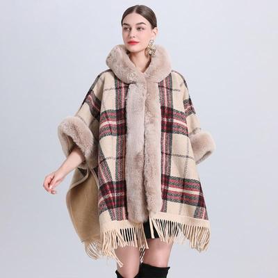 Dicker, eleganter, einfarbiger Poncho-Umhangschal, Winter-Kaninchenfellkragen mit Kapuze, großer Wollmantel für Damen