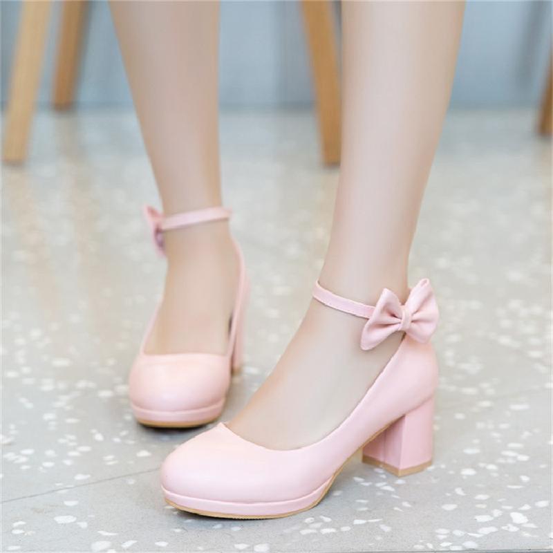 Girls Leather Shoes High Heel Shoes Sweet Bowknot Bridal Wedding Shoes Women High Heels Princess Dress Party Shoes Size 30-43