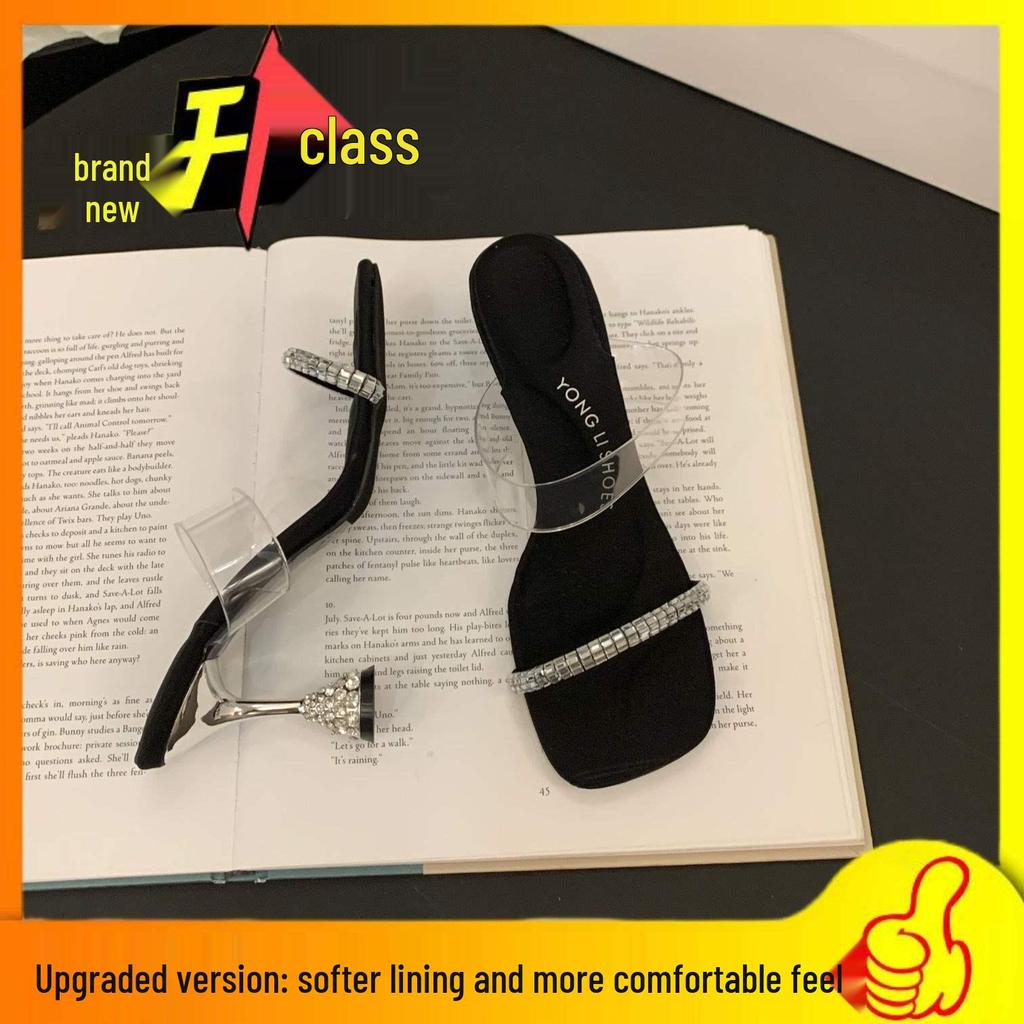 Damen 2025 Sommer Sandalen mit quadratischer Zehenpartie und Kristallabsatz - Schwarze Strass-Sandalen