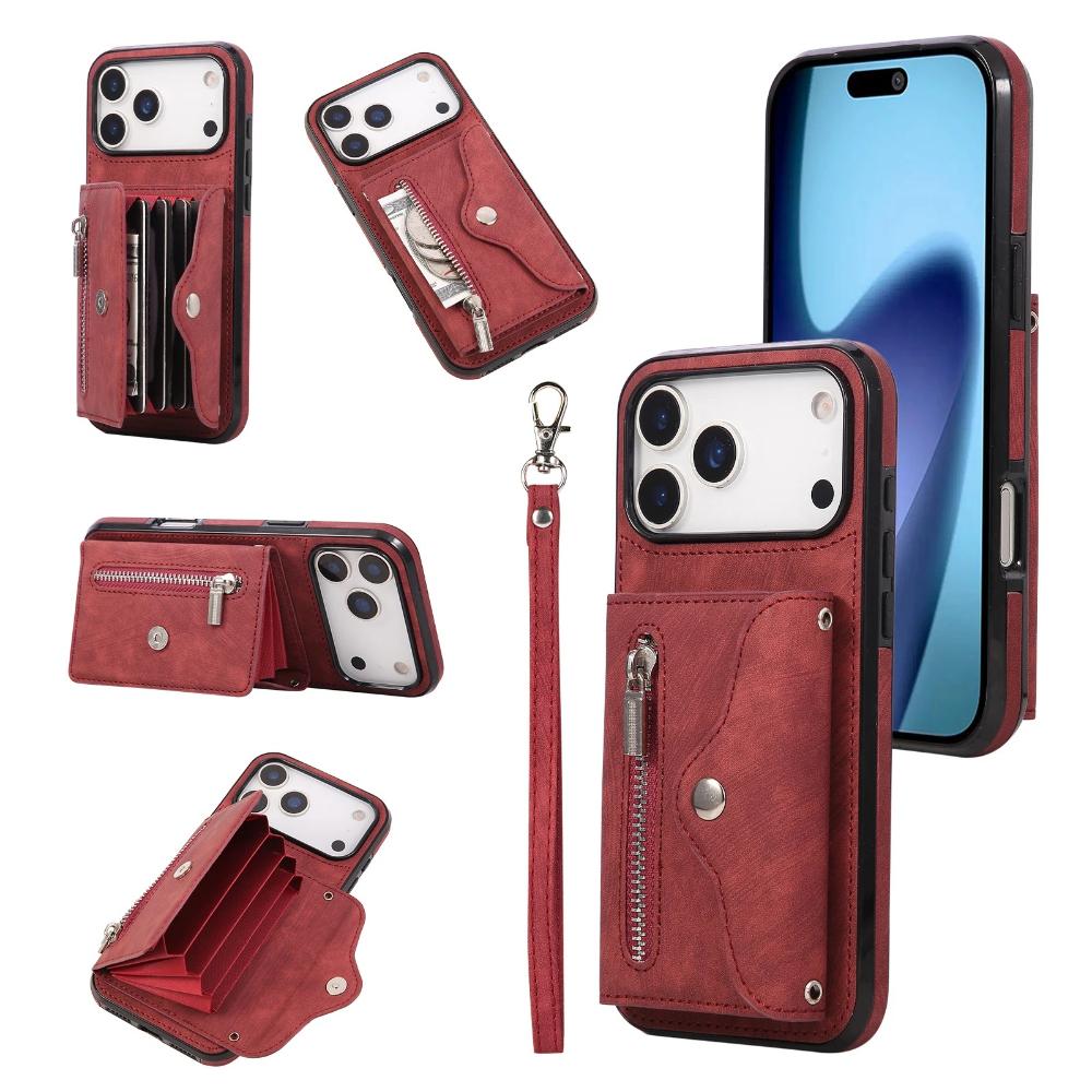 

Phone Case for iPhone 17 Pro Max 16E Air 16 Pro 15 Plus 14 13 Mini 12 11 Lanyard Zipper Plain Leather Card Holder Wallet Cover iPhone 12 mini червоний