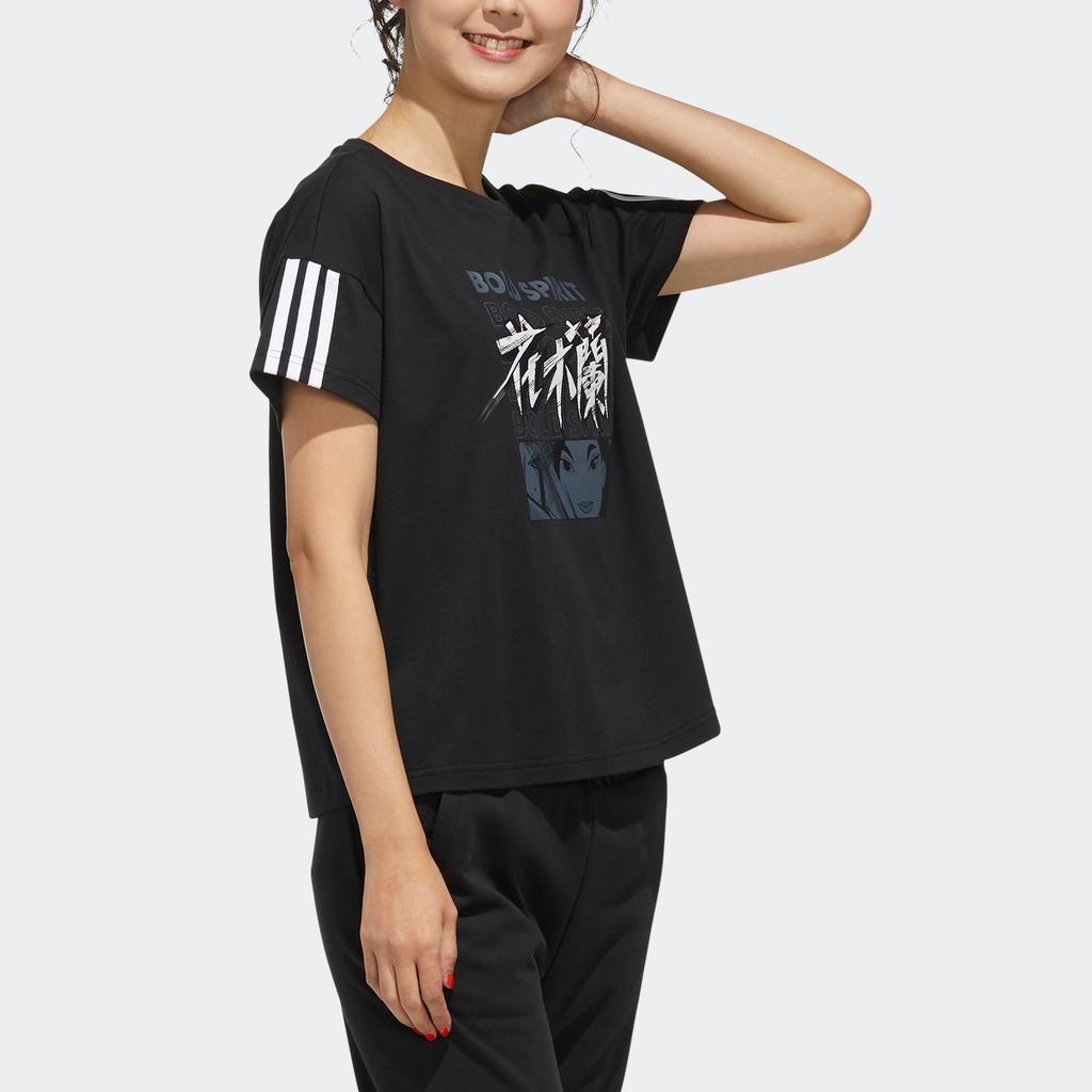Adidas Neo Mulan Text Striped Print Sports T-Shirt Women Tops Black GK5899
