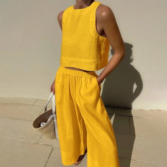 2Pcs/Set Women Summer Outfit O-neck Sleeveless Vest Elastic High Waist Long Pants Set Solid Color Thin Casual Outfit
