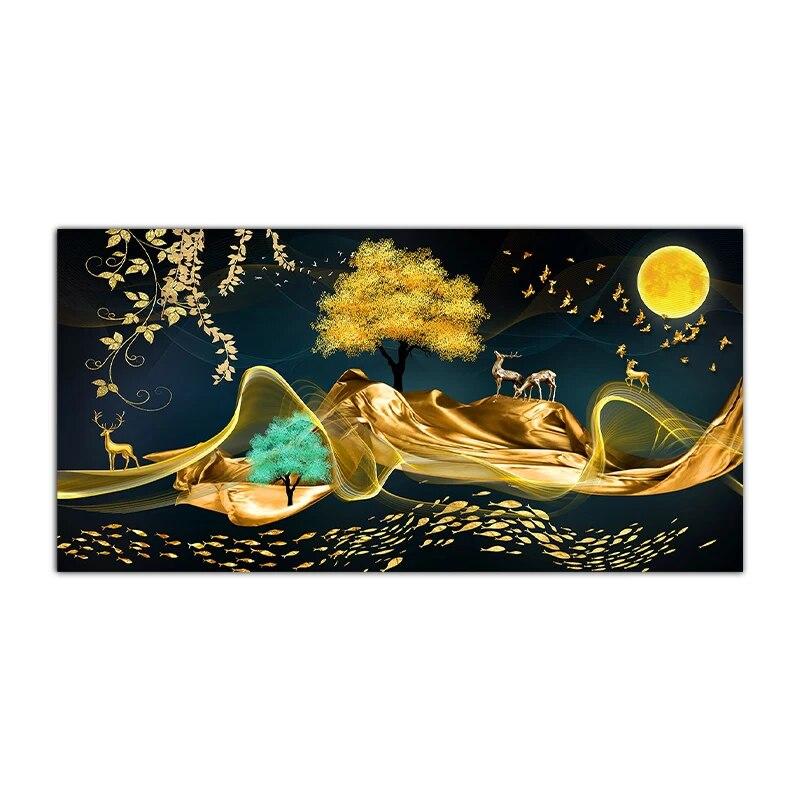 

Абстрактная картина на холсте с пейзажем, золотой лось и деревья, холст, настенные художественные постеры и принты, картины для гостиной, без рамки 20*40cm No Frame