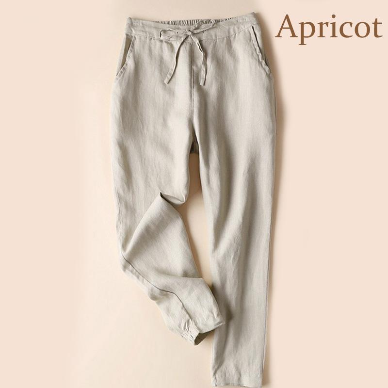 Women Solid Color Cotton Linen Elastic High Waist Trousers Casual Elegant Loose Party