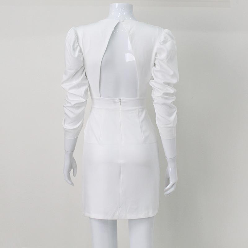 Women's Pure White Foam Sleeve Deep V Waist Halter Elegant Fashion Dress