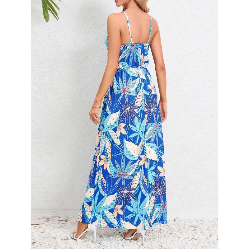 Abiti casual a vita alta con scollo a V senza maniche con stampa floreale primaverile alla moda da donna