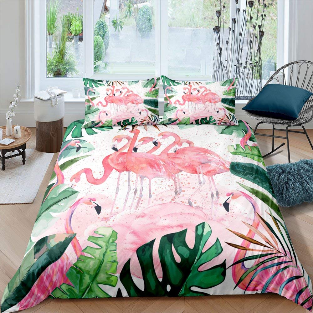 Comforter Queen Size Pink Flamingo Boys Girls Palm Leaves Bedding Set For Couples Bird Print Comforter Set