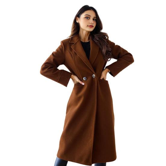 Women's Midi Long Wool Blend Coat Classic Notch Lapel Single Breasted Pea Trench Coat Fall Winter Overcoat