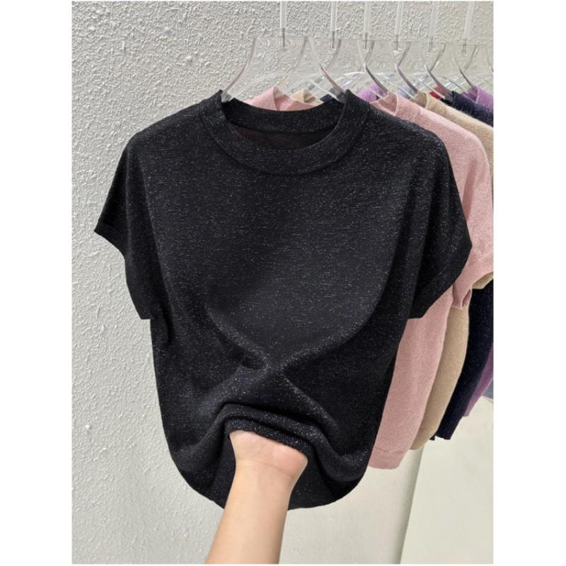 Damen Sommer Rundhals Dünnes Lockeres T-Shirt Einfarbiges Design Stricktops