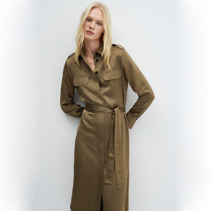 

Early Autumn New Arrival Fabric Pendant Parka Shirt Style Lace-up Long Sleeve Dress Yellow-Green XS